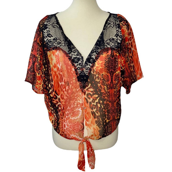 S NWT XOXO Sheer Snakeskin Lace Dolman Tie Front Cropped Bolero Top Blouse - Picture 1 of 6